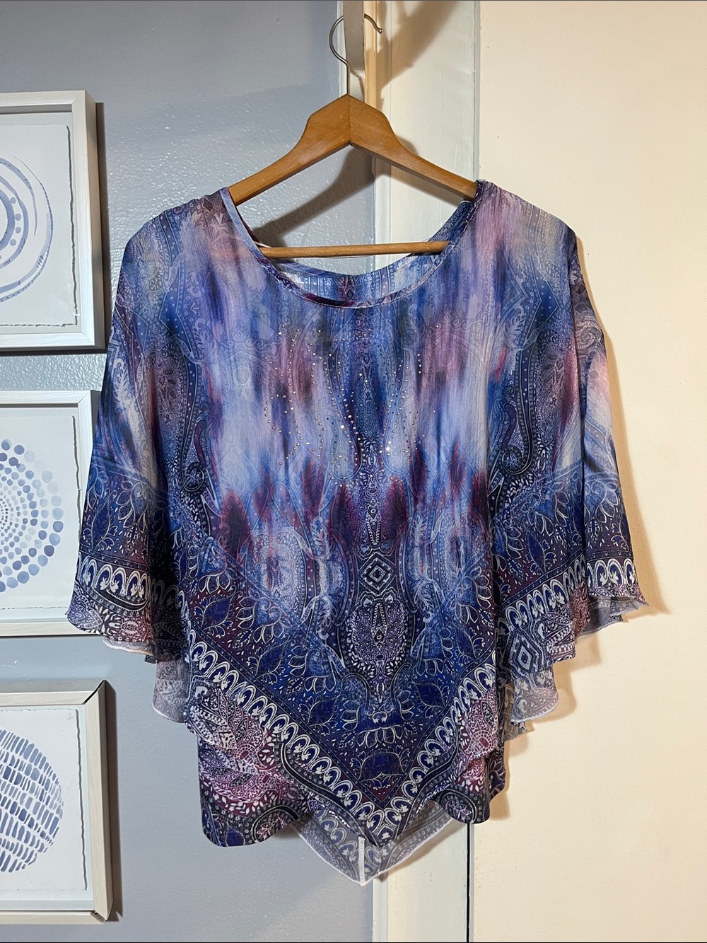 World Unity Fairy Whimsical Top Purple Paisley Poncho Batwing Blouse Size M